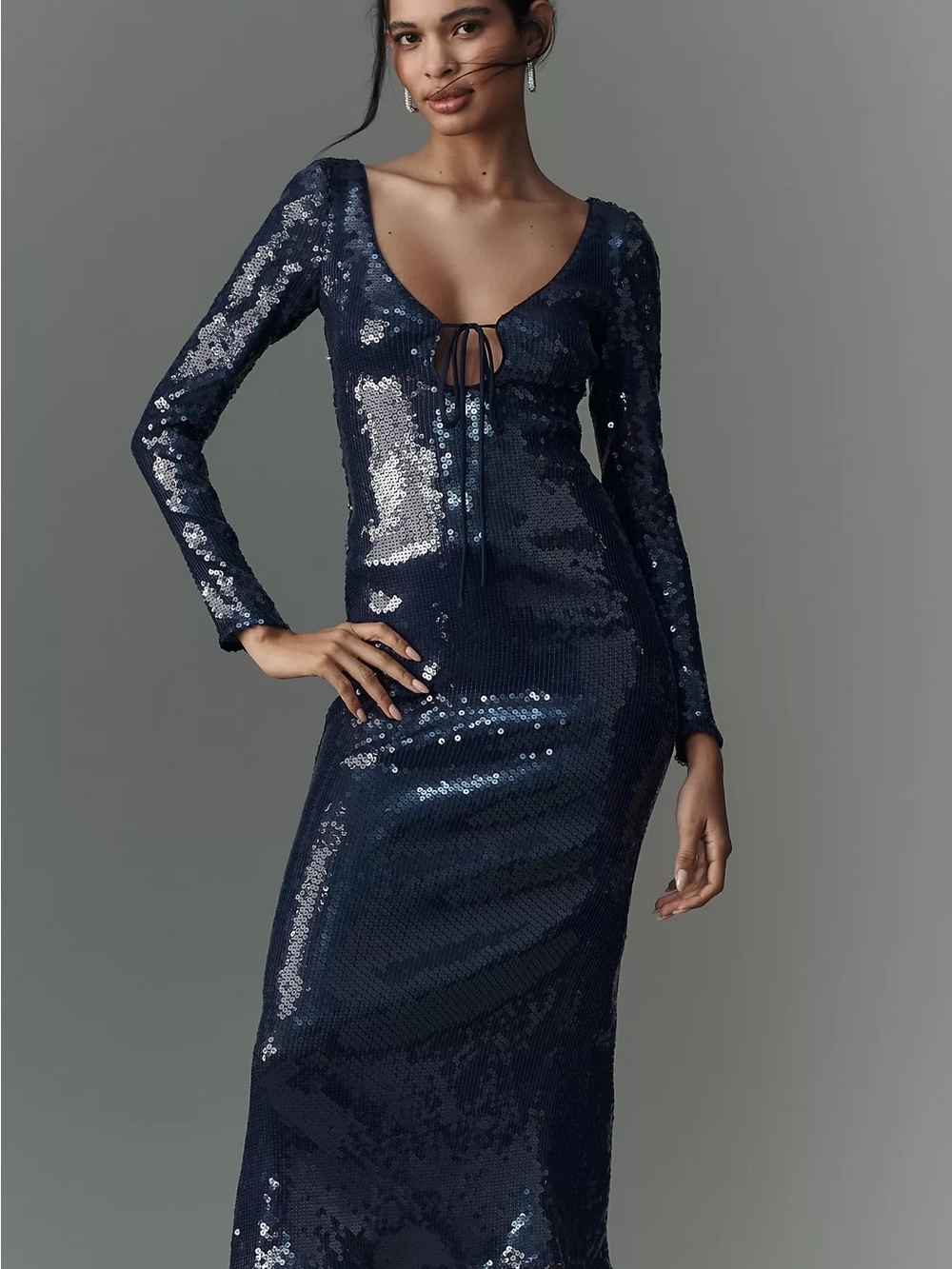 Bardot Navy Sequin V-Neck Dress with Tie Detail